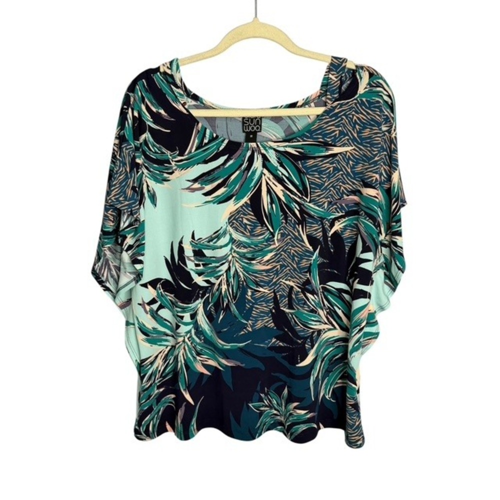 Clara Sun Woo Blouse Women's 1X Tropical Palm Dolman Sleeve Knit Blue Green